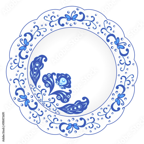 Decorative porcelain plate ornate in traditional Russian style Gzhel