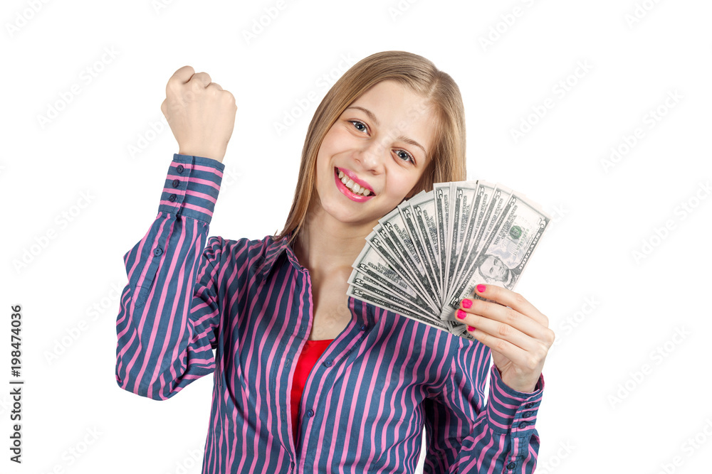 Holds dollars and triumphantly raises his hands Holds dollars and triumphantly raises his hands