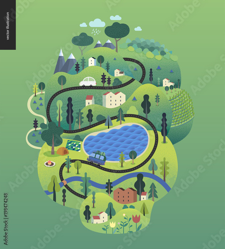 Magical summer landcape - green island with lake, hills, roads, cars, houses and trees, with mountains and clouds above and flowers on foreground.