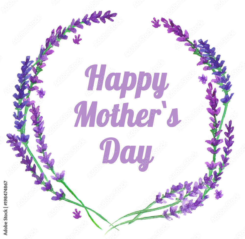 Watercolor card Happy Mother`s day, lavender wreath