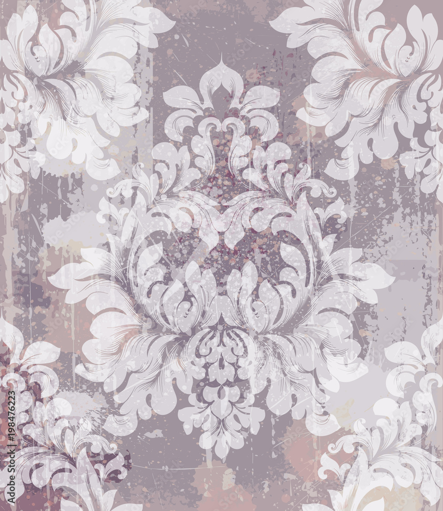 Vector damask pattern element. Classic luxury ornament on grunge background. Royal Victorian texture for wallpapers, textile, fabric, wrapping. Exquisite floral baroque templates