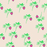 Seamless  strawberry pattern , leaves, branches. Hand drawn.