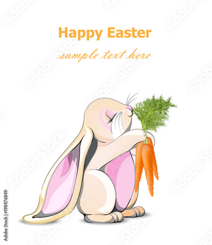 Happy Easter bunny card Vector. Cute rabbit holding carrots Cartoon character