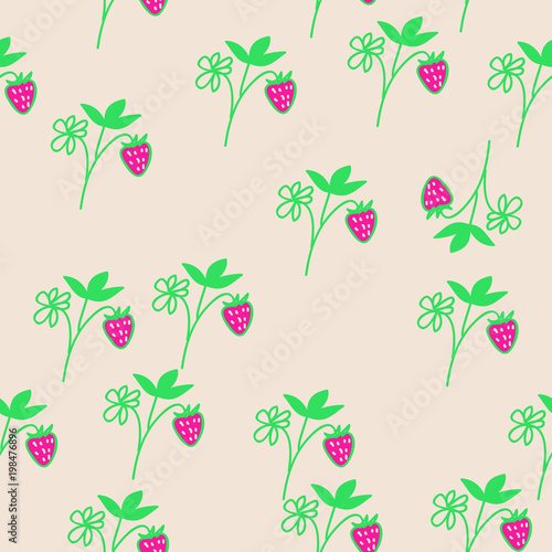 Seamless strawberry pattern , leaves, branches. Hand drawn.