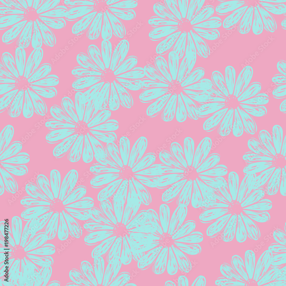 Vector seamless pastel pattern with doodle flowers. Blue and pink colors