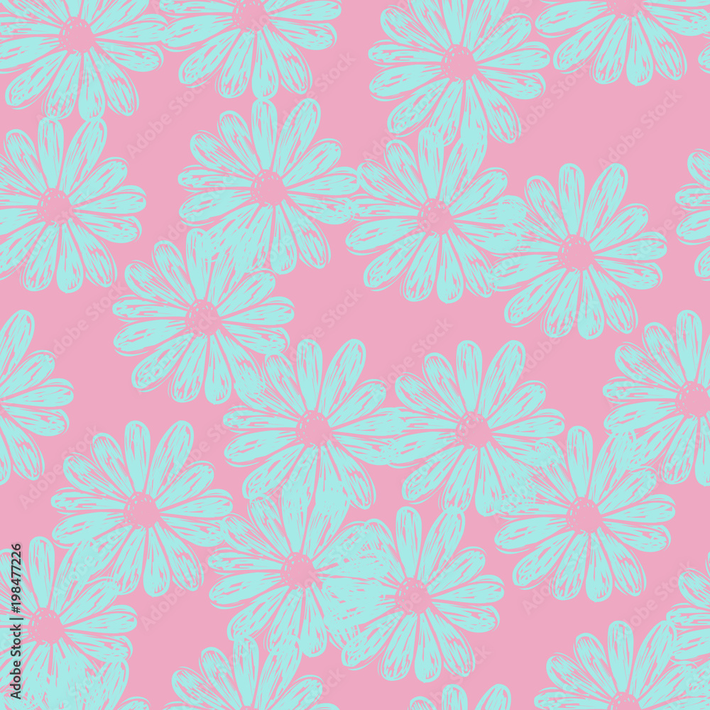 Vector seamless pastel pattern with doodle flowers. Blue and pink colors Vector seamless pastel pattern with doodle flowers. Blue and pink colors