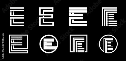 Capital letter E. Modern set for monograms, logos, emblems, initials. Made of white stripes Overlapping with shadows.