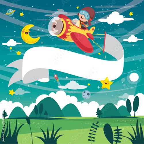 Obraz lecący chłopiec w samolocie ciągnący baner