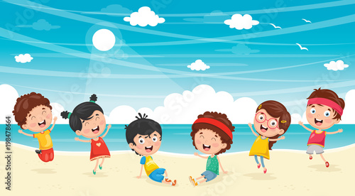 Vector Illustration Of Kids Playing At Beach © yusufdemirci