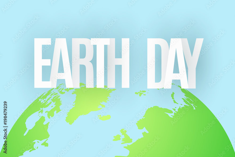 Earth Day. 22 April. Abstract green planet on blue background. Text from paper letters. Map of the planet earth. Ecological holiday. Vector illustration