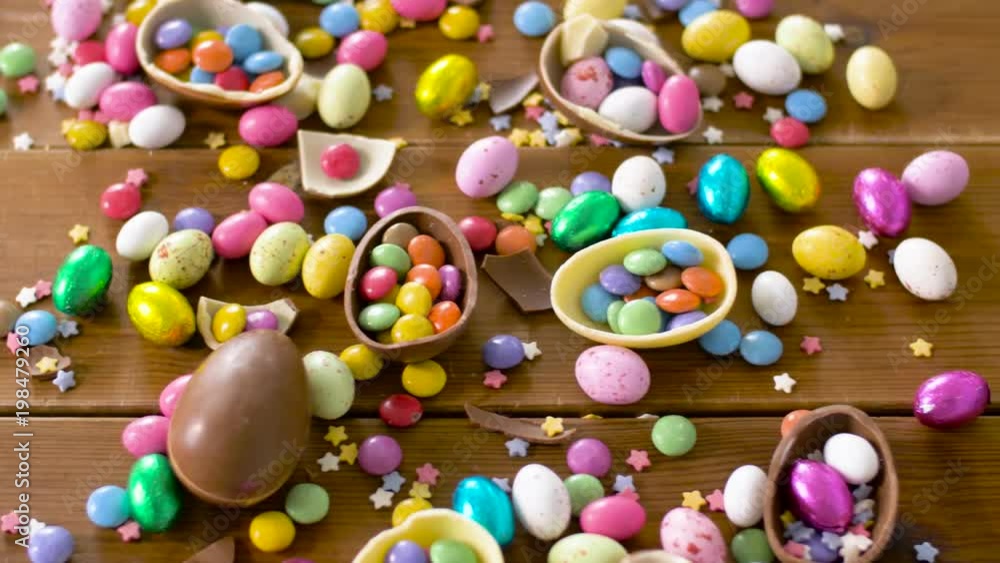 easter, junk-food, confectionery and unhealthy eating concept - chocolate eggs and drop candies on table easter, junk-food, confectionery and unhealthy eating concept - chocolate eggs and drop candies on table