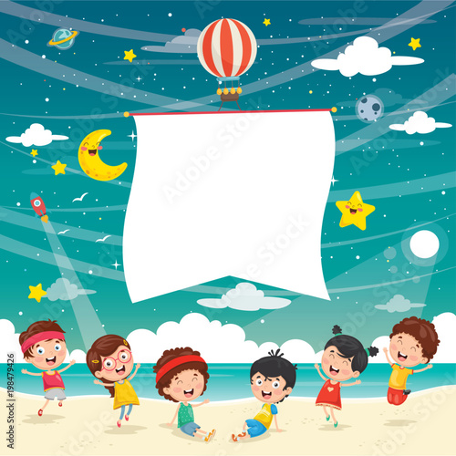 Vector Illustration Of Kids Playing At Beach