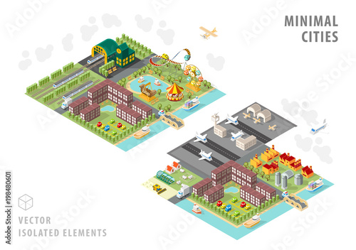 Set of Isolated Isometric Minimal City Maps . Elements with Shadows on White Background