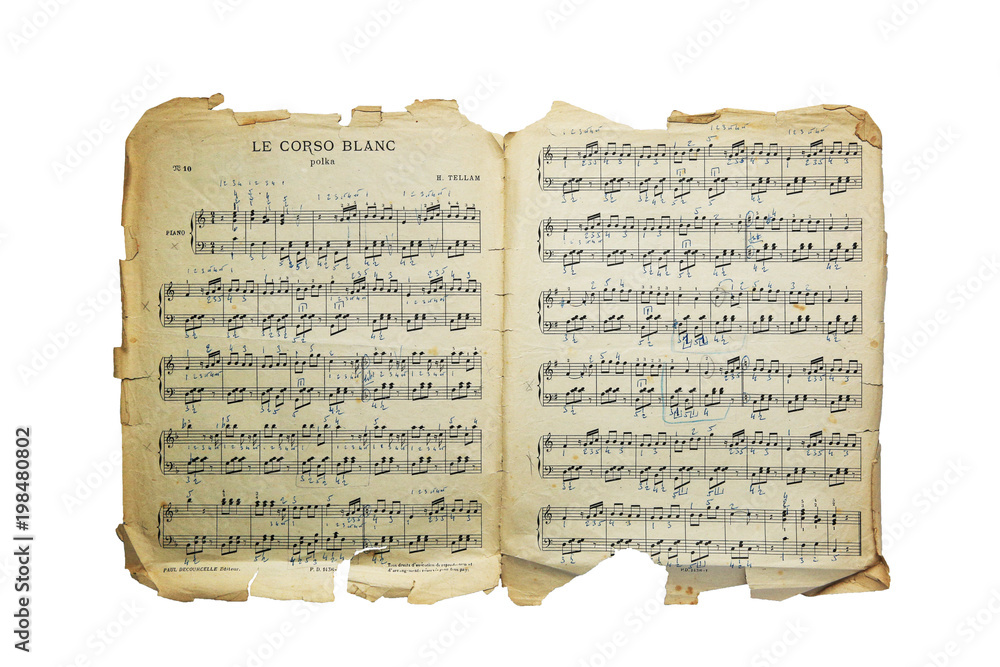Obraz premium Vintage old music notes paper of Heinrich Tellam (1854-1940) isolated on white