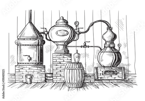 alembic still for making alcohol inside distillery, destilling spirits sketch