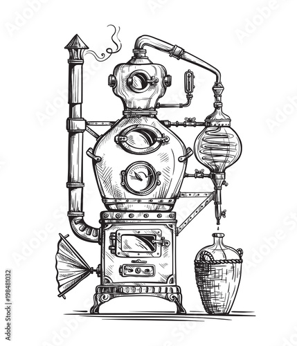 alembic still for making alcohol inside distillery, destilling spirits sketch