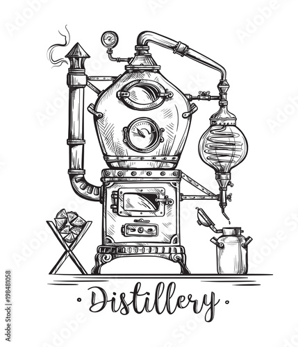 alembic still for making alcohol inside distillery, destilling spirits sketch