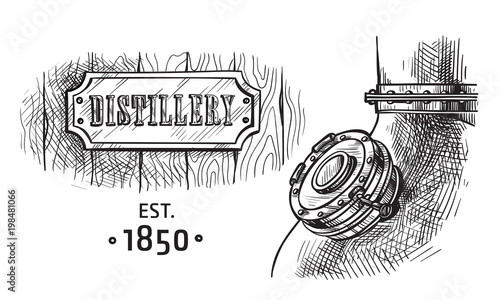 alembic still for making alcohol inside distillery, destilling spirits sketch