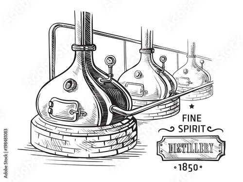 alembic still for making alcohol inside distillery, destilling spirits sketch