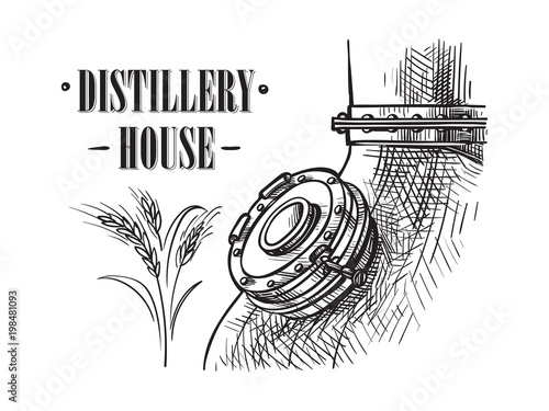 alembic still for making alcohol inside distillery, destilling spirits sketch