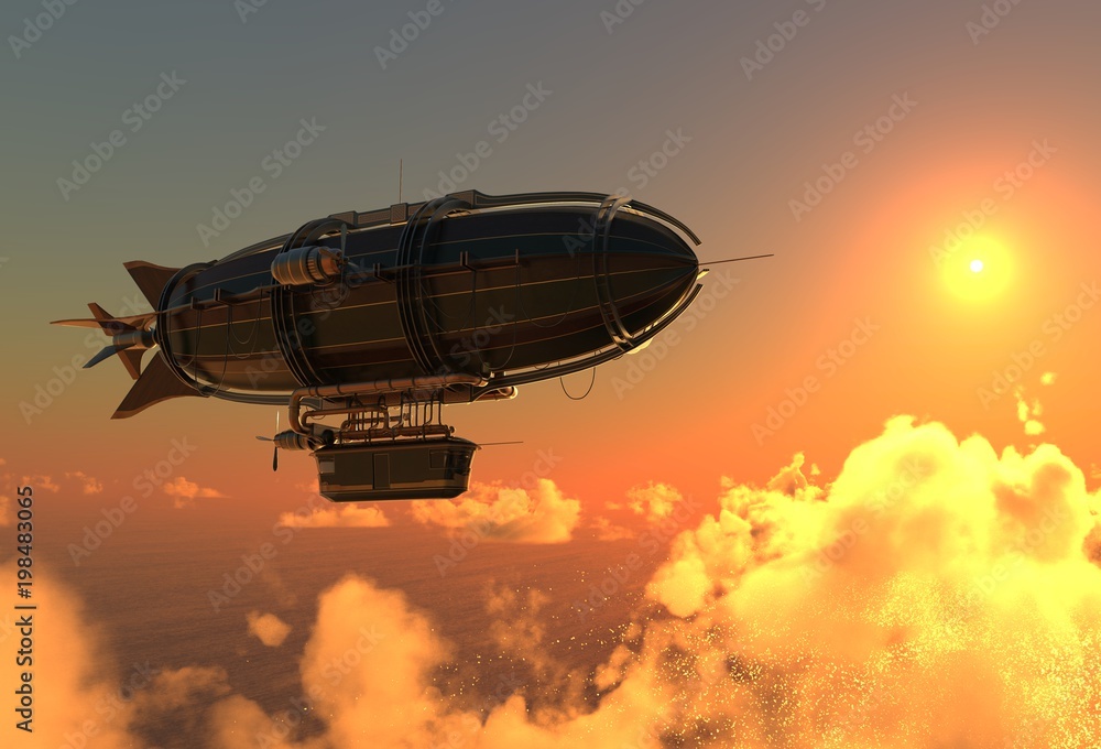 Fantasy Airship Zeppelin Dirigible Balloon 3D illustration Stock