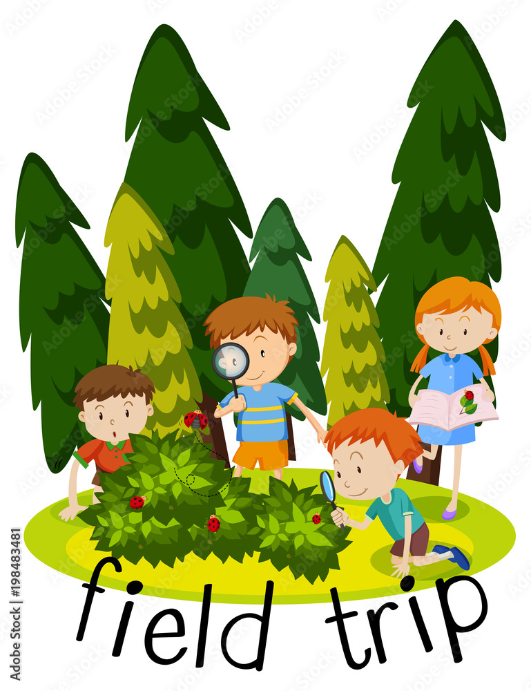 Naklejka premium Flashcard for field trip with kids learning in garden