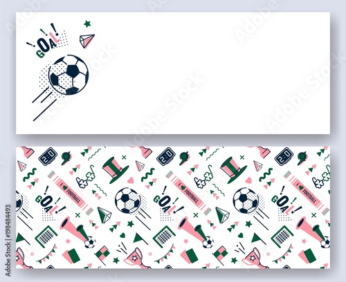 Soccer/football abstract banners in 80s memphis style. Seamless memphis pattern for posers and cards. Vector illustration
