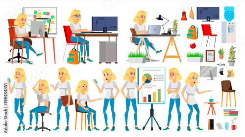 Business Woman Character Vector. In Action. Office. IT Startup Business Company. Blonde Elegant Modern Girl. Meeting. Various Views. Environment Process. Planning. Cartoon Illustration