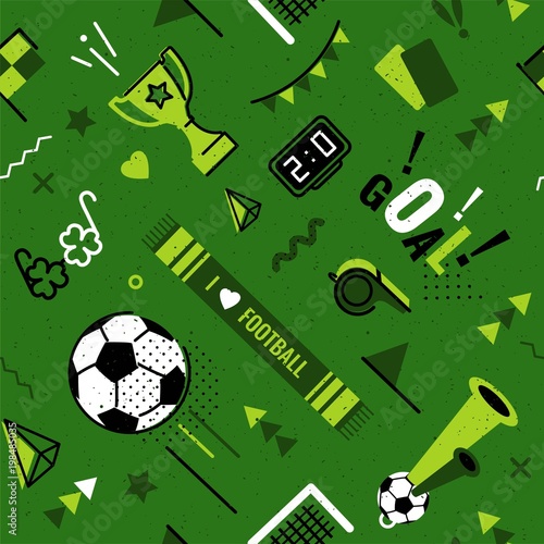 Soccer/football abstract background in 80s memphis style. Seamless memphis pattern for posers and cards. Vector illustration