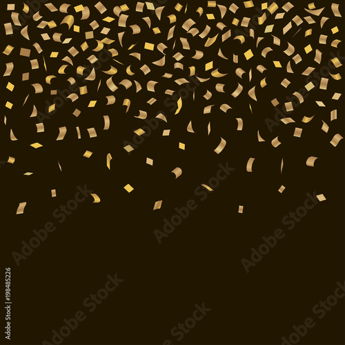 Large golden festive confetti on a black background. Vector.