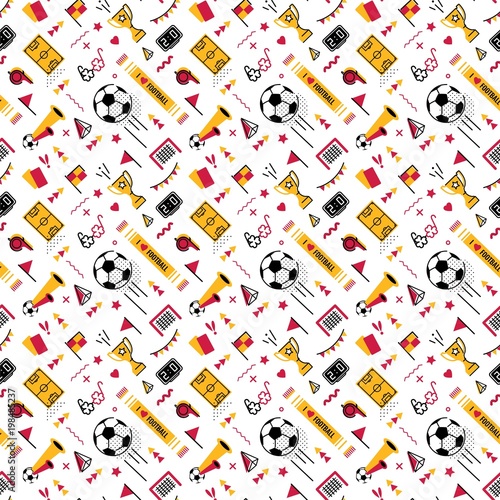 Soccer/football abstract background in 80s memphis style. Seamless memphis pattern for posers and cards. Vector illustration