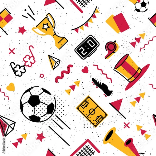 Soccer/football abstract background in 80s memphis style. Seamless memphis pattern for posers and cards. Vector illustration