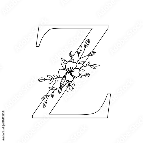 Floral letter Z. Romantic lettering design with flowers.