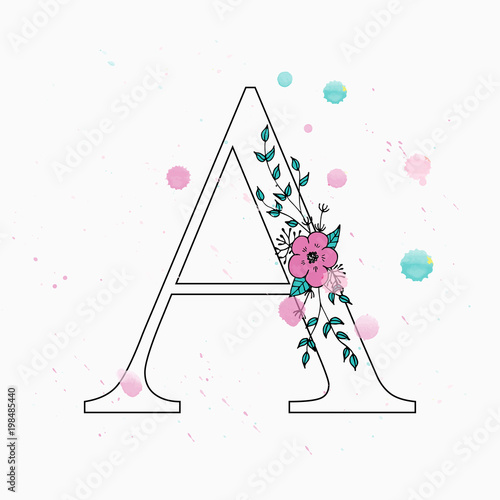 A letter. Hand drawn floral alphabet with watercolor drops.