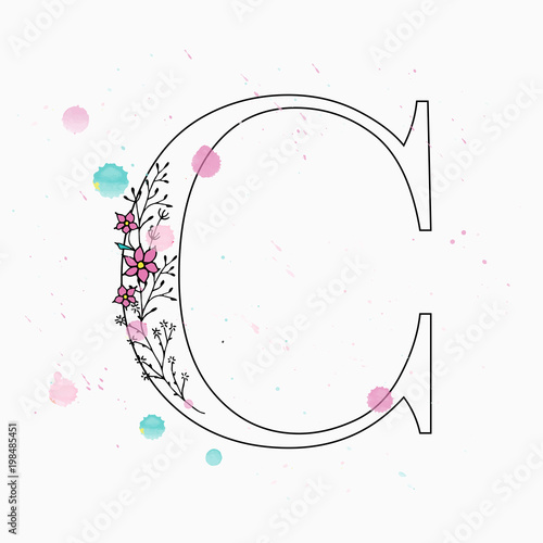 C letter. Hand drawn floral alphabet with watercolor drops.
