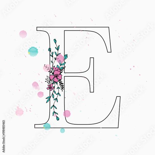 E letter. Hand drawn floral alphabet with watercolor drops.