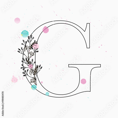 G letter. Hand drawn floral alphabet with watercolor drops.