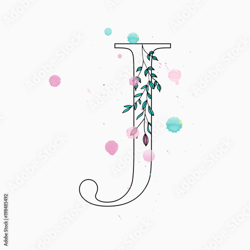 J letter. Hand drawn floral alphabet with watercolor drops.