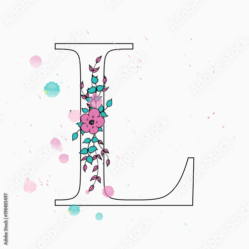 L letter. Hand drawn floral alphabet with watercolor drops.