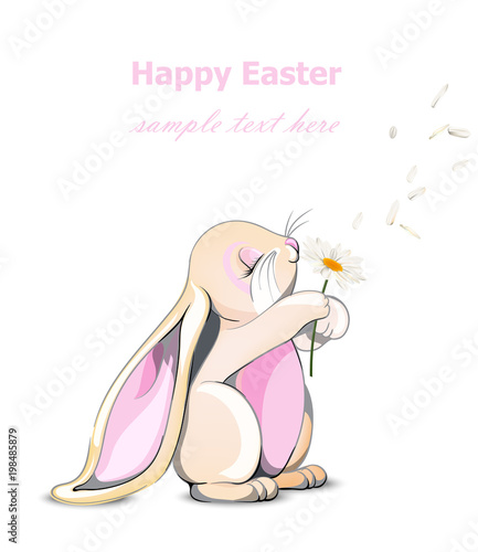 Happy Easter bunny card Vector. Cute rabbit holding dandelions Cartoon charac...