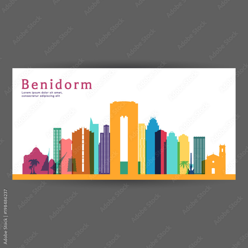 Benidorm colorful architecture vector illustration, skyline city silhouette, skyscraper, flat design.