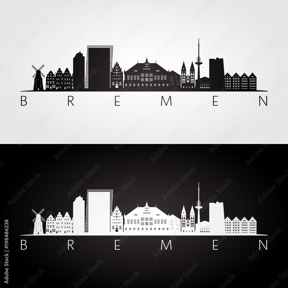 Bremen skyline and landmarks silhouette, black and white design, vector illustration.