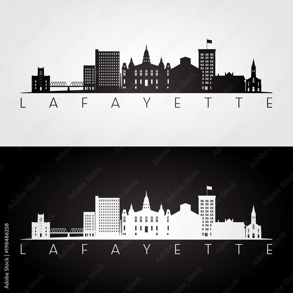 Lafayette USA skyline and landmarks silhouette, black and white design, vector illustration.