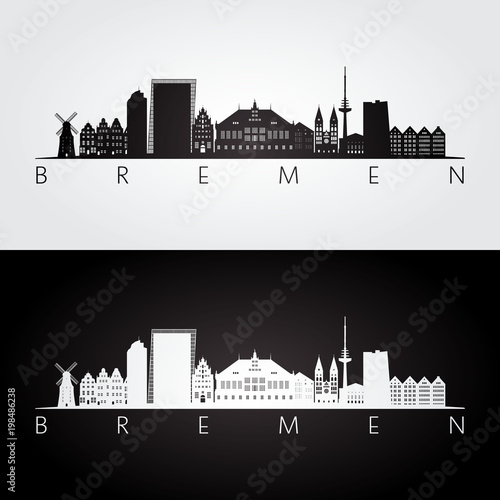 Bremen skyline and landmarks silhouette, black and white design, vector illustration.