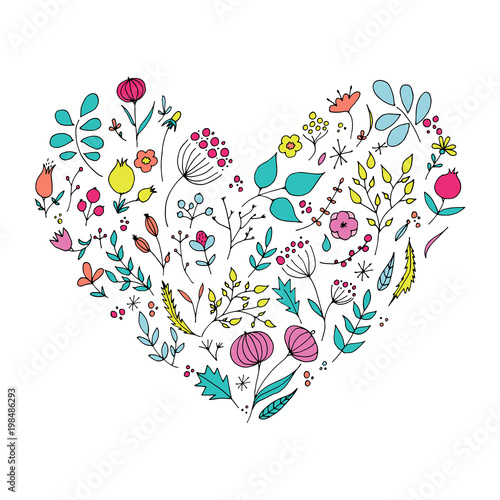 Hand drawn floral elements in heart shape. Romantic surface design. photo