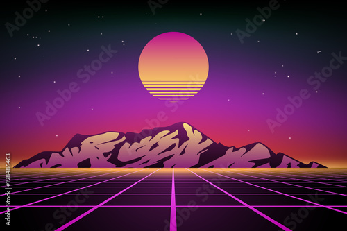 Abstract 80s retro background with mountains, vector illustration
