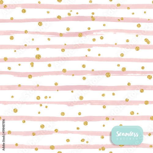 Vector watercolor pink stripes, with gold glitter circle on white background. Seamless pattern.