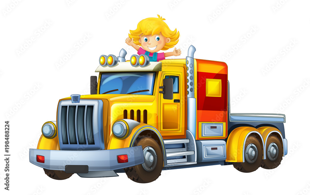cartoon scene with happy and funny child - girl in cargo truck without trailer - illustration for children cartoon scene with happy and funny child - girl in cargo truck without trailer - illustration for children