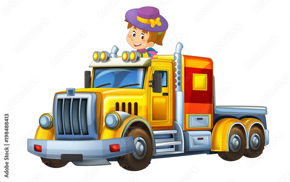 cartoon scene with happy and funny child - girl in cargo truck without trailer - illustration for children cartoon scene with happy and funny child - girl in cargo truck without trailer - illustration for children