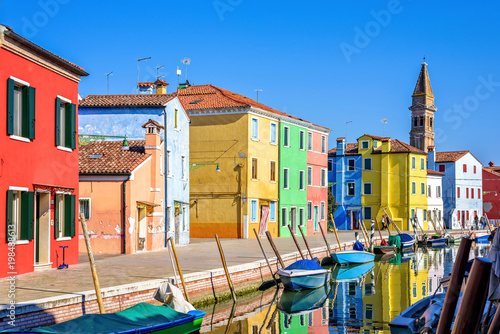 Daylight view to parked boats in a canal with image reflecting